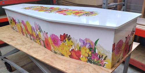 White Coffin with vinyl flower wrap